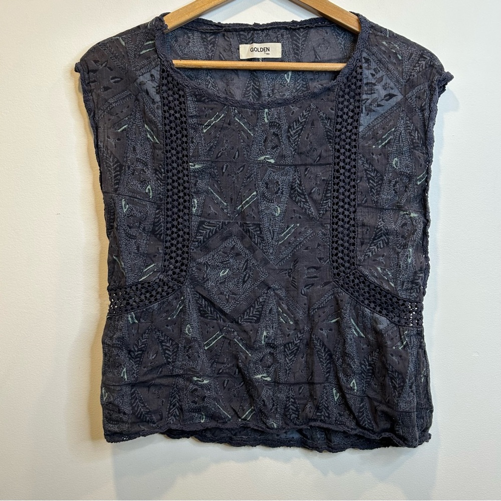 Aritzia Golden by TNA Sleeveless Cotton Blue Pattern Shirt Crochet Detailing
